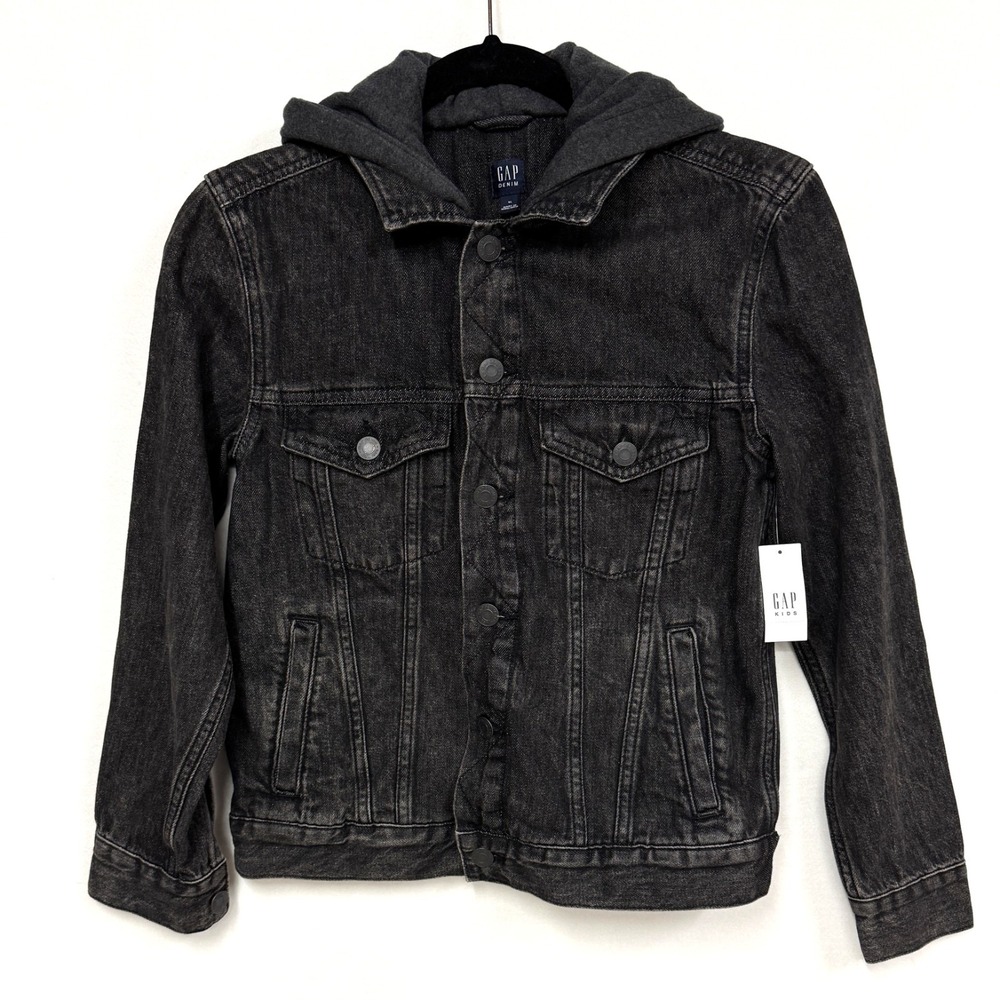Gap Kids Size XL (12), Washed Black Denim Jacket Jersey Hood Classic Trucker NEW